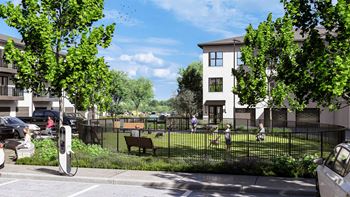 a rendering of a park in front of an apartment building